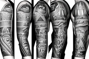 inner bicep Black and grey half arm sleeve with Egyptian isis tattoo idea