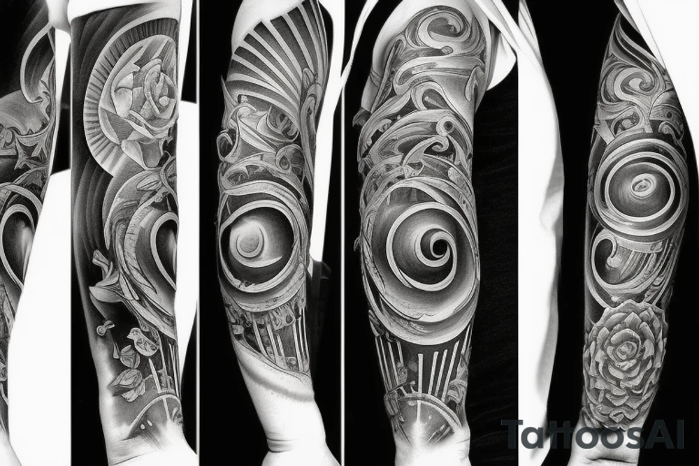 inner bicep Black and grey stairway to clock tattoo idea