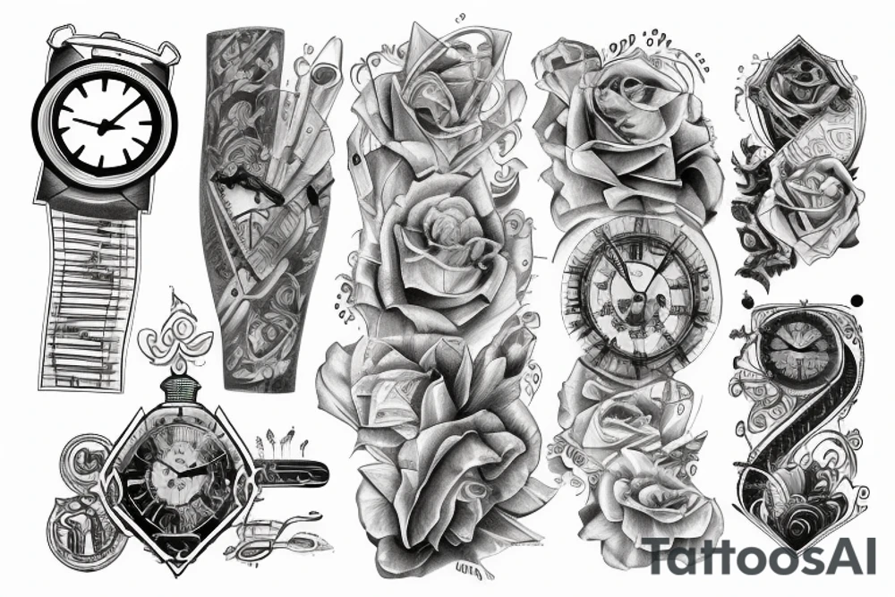 inner bicep Black and grey stairway to clock tattoo idea
