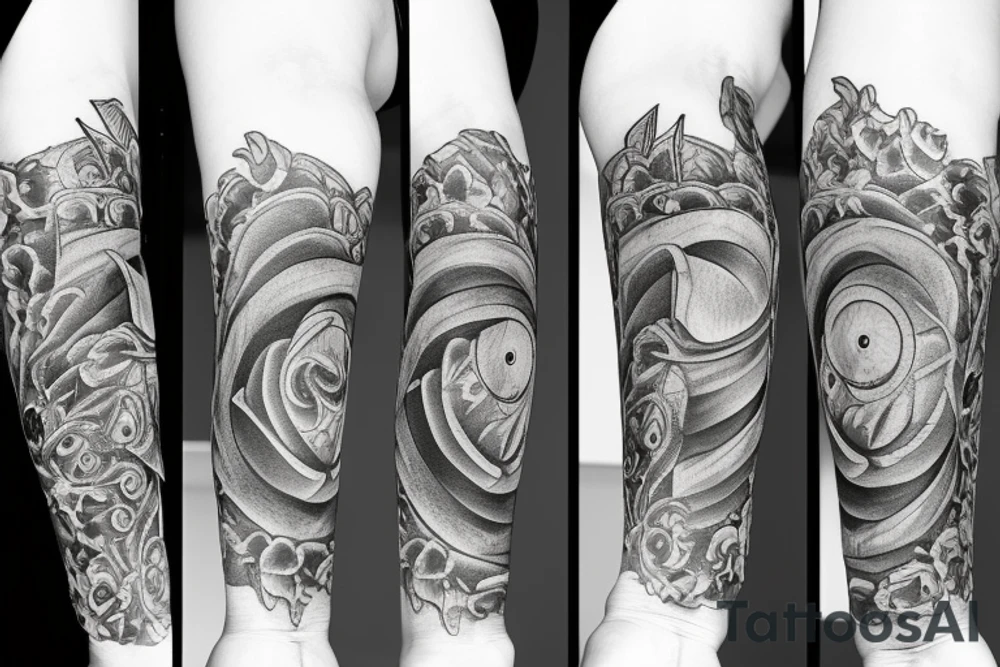 inner bicep Black and grey stairway to clock tattoo idea