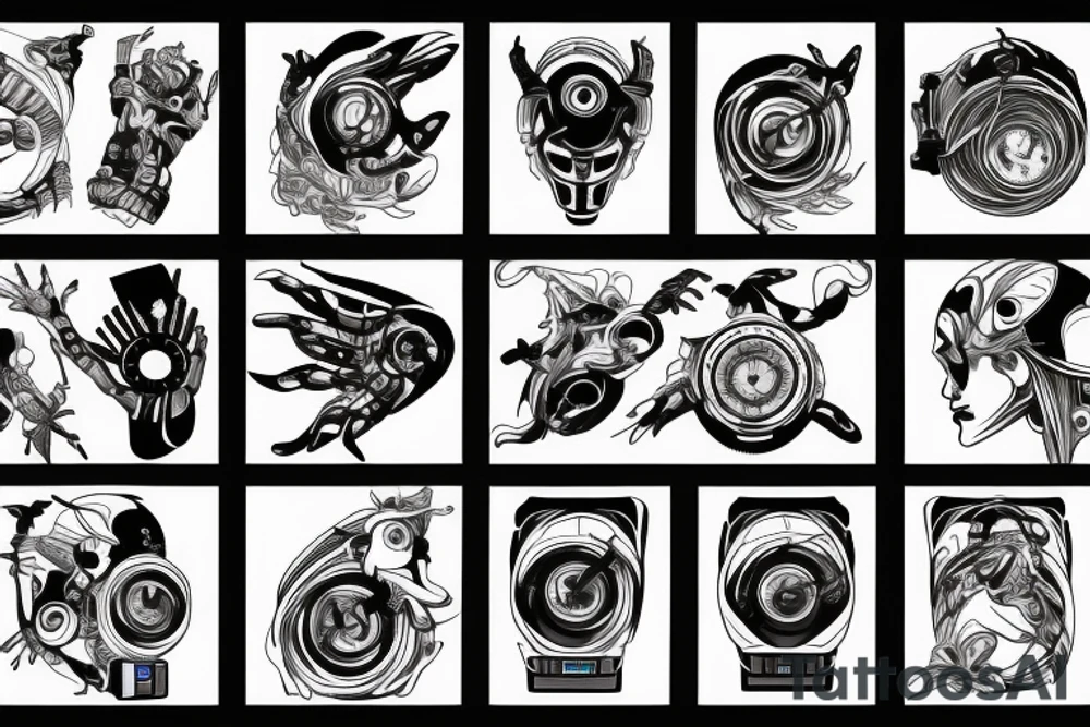 test pattern, tv, projector, video cables, collage, arm sleeve tattoo idea