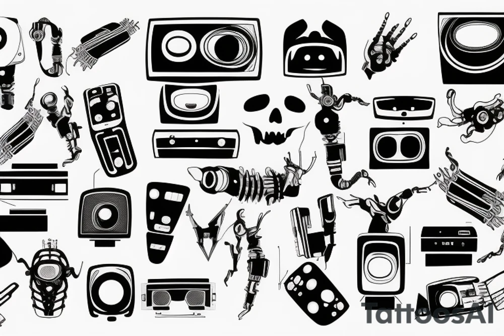 test pattern, tv, projector, video cables, collage, arm sleeve tattoo idea