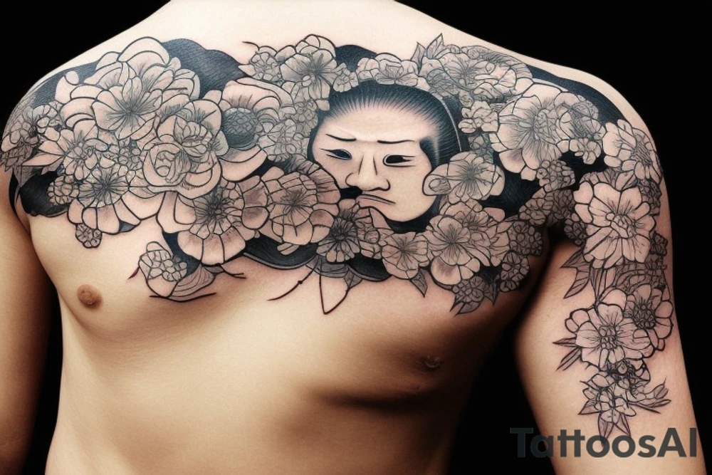 Samurai and flower with river tattoo idea