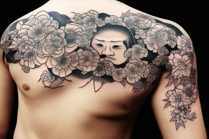 Samurai and flower with river tattoo idea
