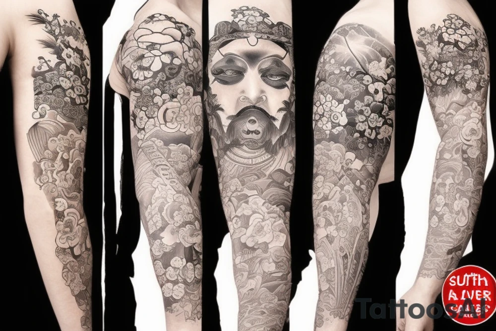 Samurai and flower with river tattoo idea