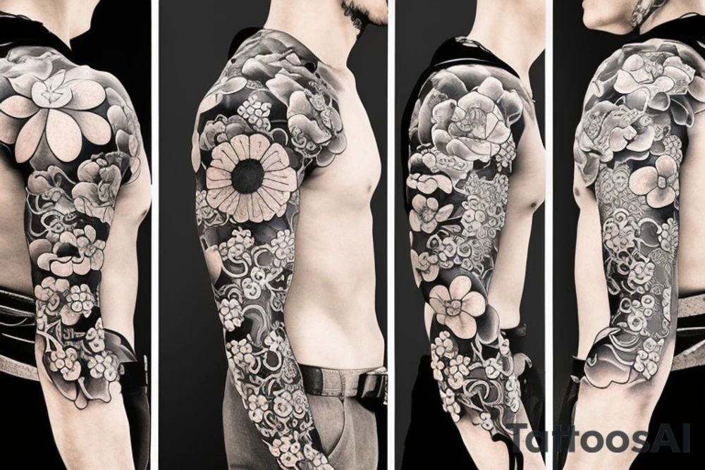 Samurai and flower with river, realistic tattoo idea