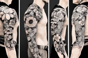 Samurai and flower with river, realistic tattoo idea