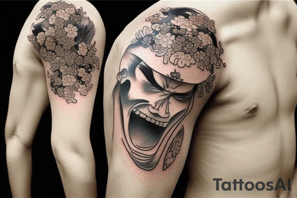 Samurai and flower with river, realistic tattoo idea