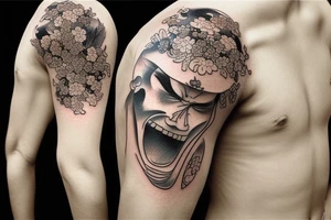 Samurai and flower with river, realistic tattoo idea