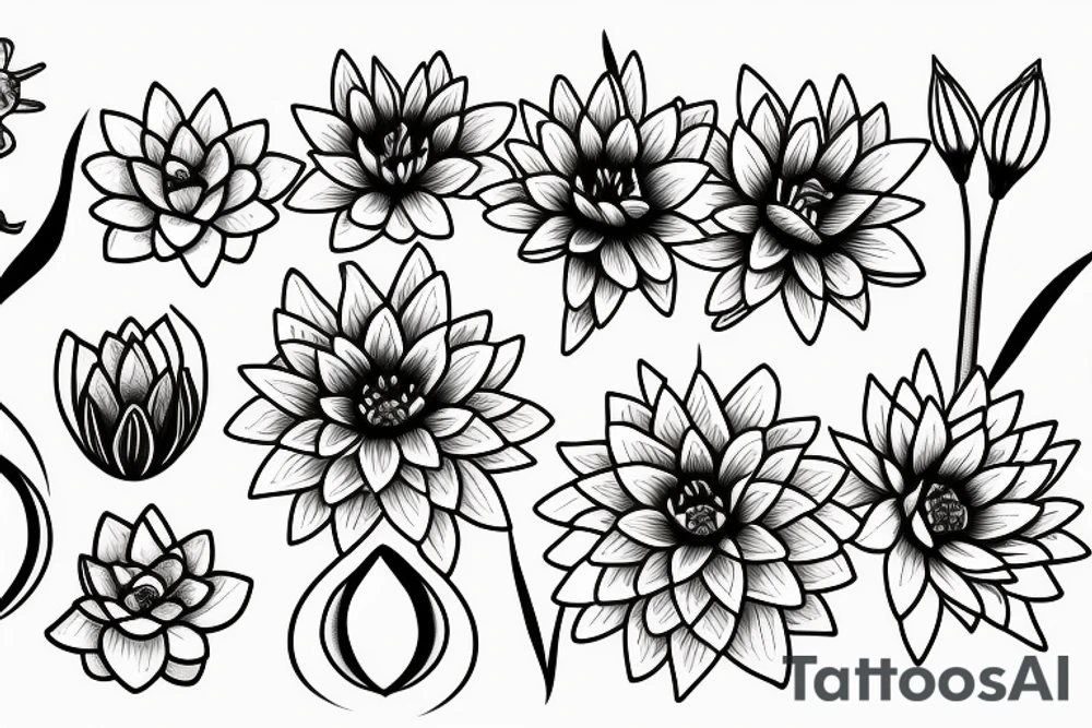 a simple flower bouquet with a water lily, daisy, narcissus, iris, and gladiolus tattoo idea