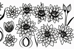 a simple flower bouquet with a water lily, daisy, narcissus, iris, and gladiolus tattoo idea