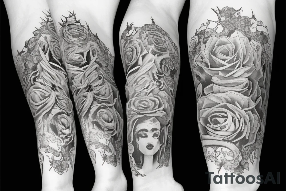 leg sleeve with rich vibes tattoo idea