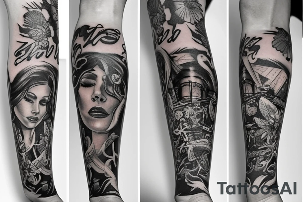 leg sleeve with rich vibes tattoo idea