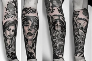 leg sleeve with rich vibes tattoo idea