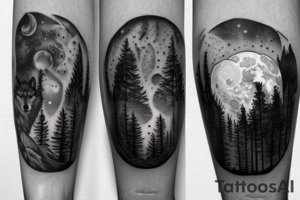 in the forest a young and an adult wolf 
a path to the moon and in the sky clouds with space for the names martin and anita tattoo idea