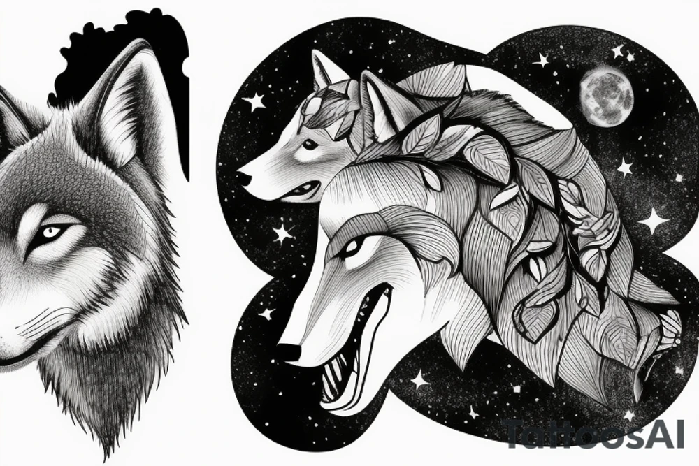 in the forest a young and an adult wolf 
a path to the moon and in the sky clouds with space for the names martin and anita tattoo idea