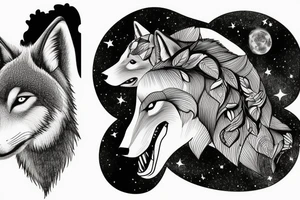 in the forest a young and an adult wolf 
a path to the moon and in the sky clouds with space for the names martin and anita tattoo idea