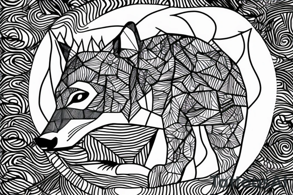 a joung wolf looking in the water and sees an adult one
in the background is a forest with a path to the moon tattoo idea