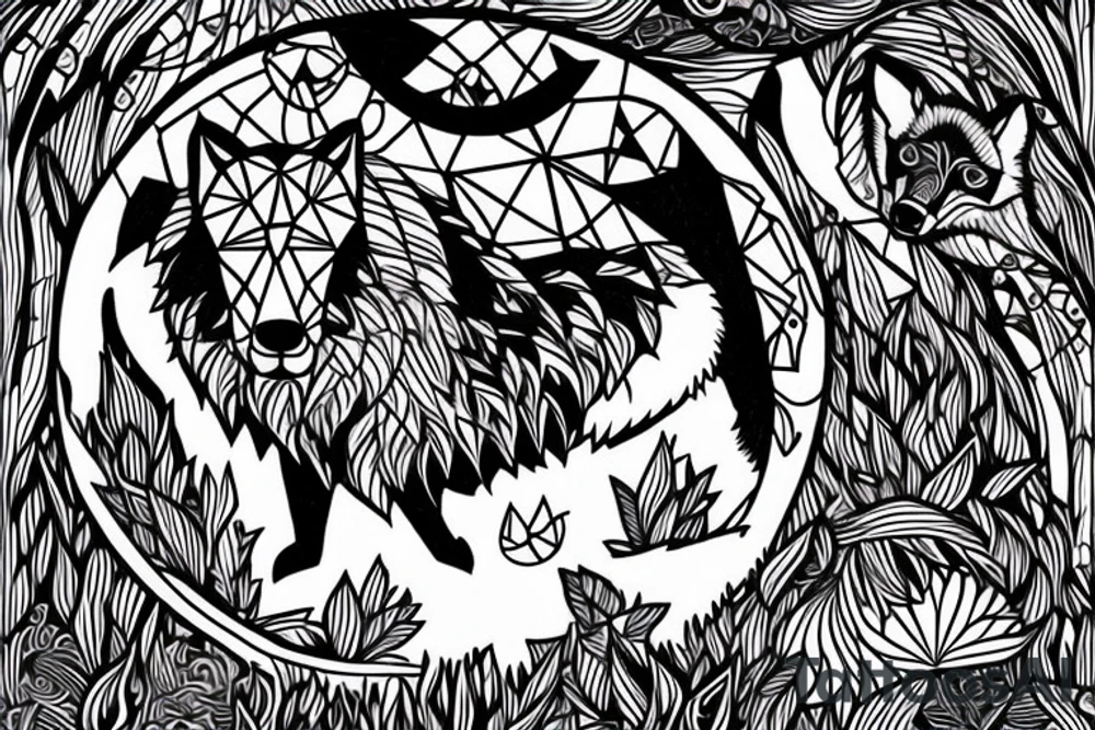 a joung wolf looking in the water and sees an adult one
in the background is a forest with a path to the moon tattoo idea