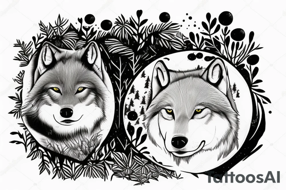 a joung wolf looking in the water and sees an adult one
in the background is a forest with a path to the moon tattoo idea