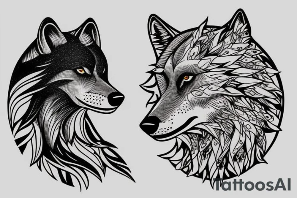 a joung wolf looking in the water and sees an adult one
in the background is a forest with a path to the moon tattoo idea