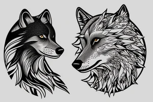 a joung wolf looking in the water and sees an adult one
in the background is a forest with a path to the moon tattoo idea