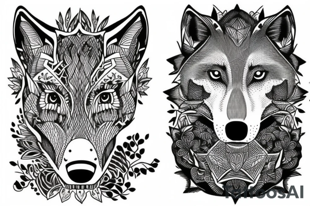 a young wolf is looking in the water and sees an adult one tattoo idea