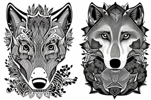 a young wolf is looking in the water and sees an adult one tattoo idea
