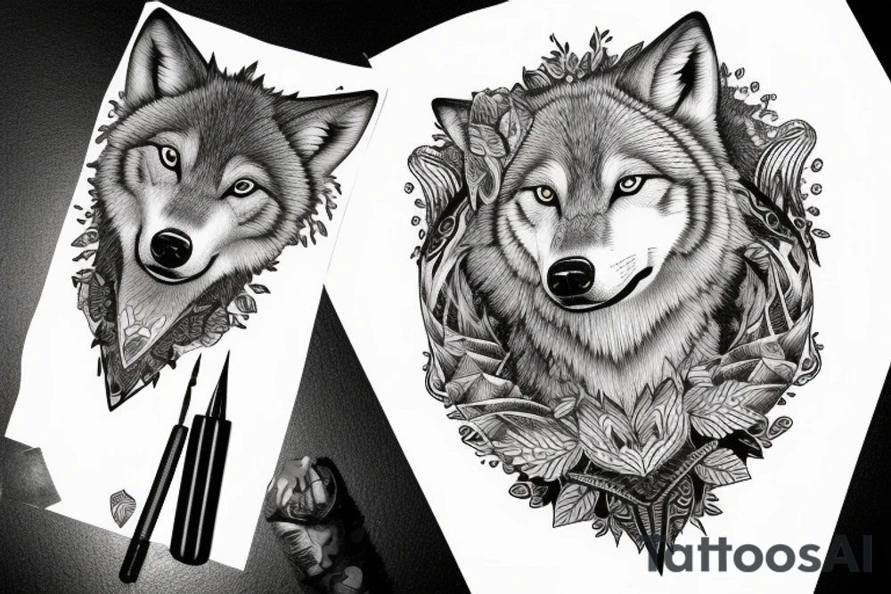 a young wolf is looking in the water and sees an adult one tattoo idea