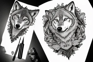 a young wolf is looking in the water and sees an adult one tattoo idea
