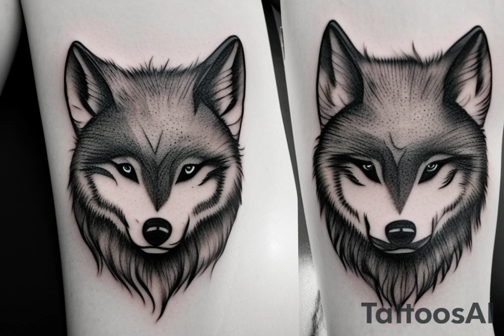 baby wolf watches an big one tattoo idea