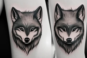 baby wolf watches an big one tattoo idea