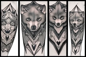 baby wolf watches an big one tattoo idea