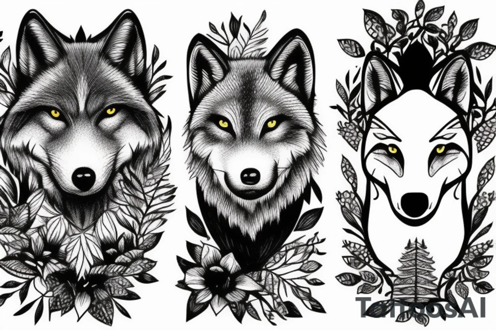 baby wolf and big wolf in the forest tattoo idea