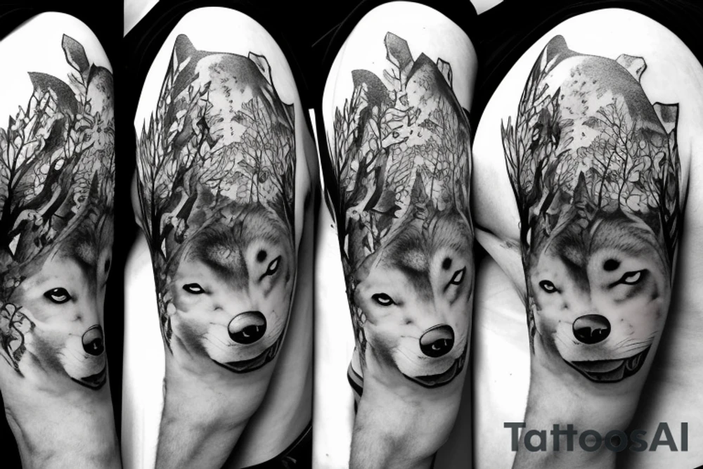 baby wolf and big wolf in the forest tattoo idea