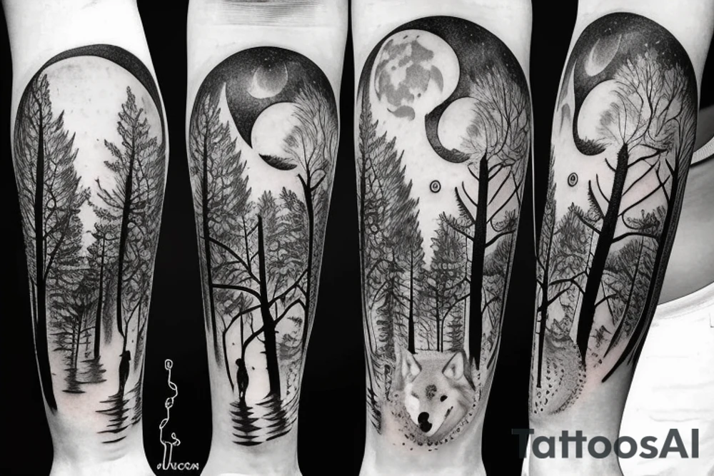 wolf in the forest with a moon tattoo idea