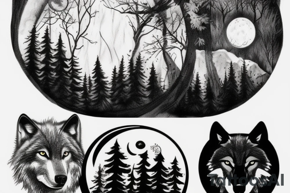 wolf in the forest with a moon tattoo idea