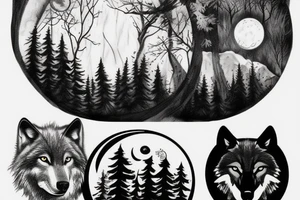 wolf in the forest with a moon tattoo idea