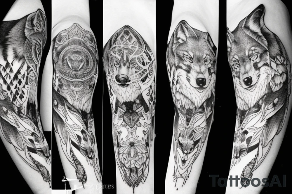 sleeve with wolf, forest, moon tattoo idea