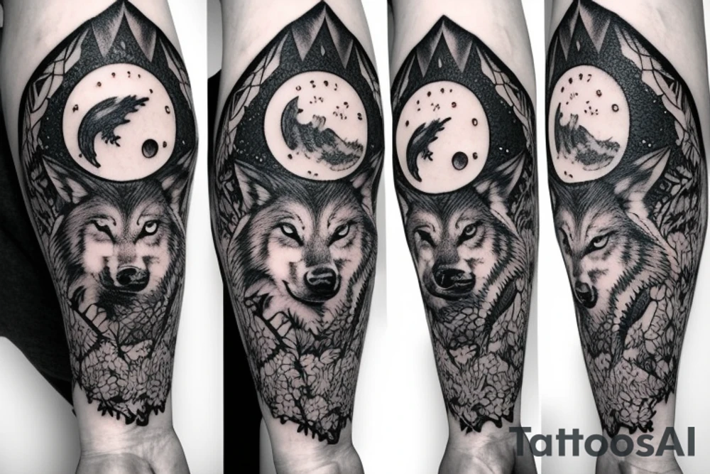 sleeve with wolf, forest, moon tattoo idea