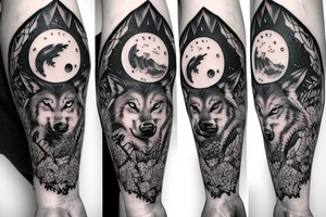 sleeve with wolf, forest, moon tattoo idea