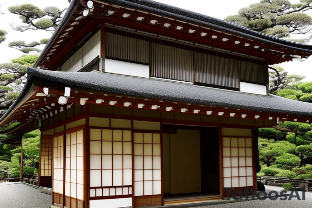 Permanently closed house: The picture shows a traditional Japanese house with a kurma style roof. The windows are closed, the door is sealed. This symbolizes your state and feeling of loss or acceptance of change. Dark Sky: Below the image of the house is a dark sky where no stars can be seen. The gloomy atmosphere of the sky symbolizes the loss of a beloved star and the difficulties you have faced since then. Butterfly: In the center of the picture is a bright butterfly, symbolizing hope and rebirth. The butterfly is depicted in the Japanese style, with a predominance of black and gray tones. It reminds of the beauty and wonder that can always appear in life, even when everything seems hopeless. tattoo idea
