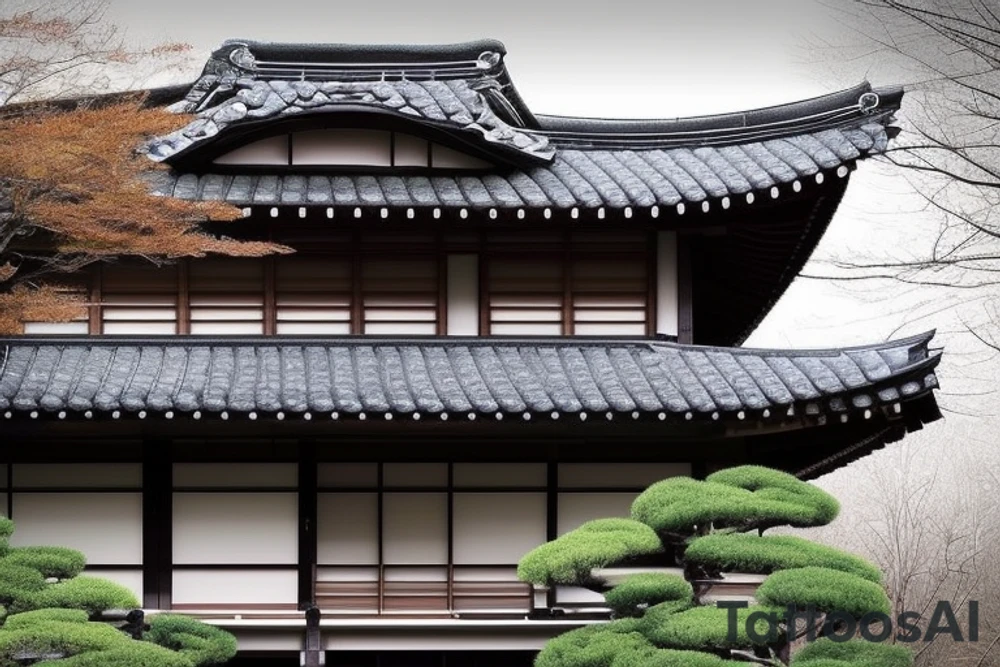 Tattoo sketch
Permanently closed house: The picture shows a traditional Japanese house with a kurma style roof. The windows are closed, the door is sealed. Dark Sky: Below the image of the house is a dark sky where no stars can be seen. The gloomy atmosphere of the sky symbolizes the loss of a beloved star and the difficulties you have faced since then. Butterfly: In the center of the picture is a bright butterfly, symbolizing hope and rebirth. The butterfly is depicted in the Japanese style, with a predominance of black and gray tones. It reminds of the beauty and wonder that can always appear in life, even when everything seems hopeless. tattoo idea