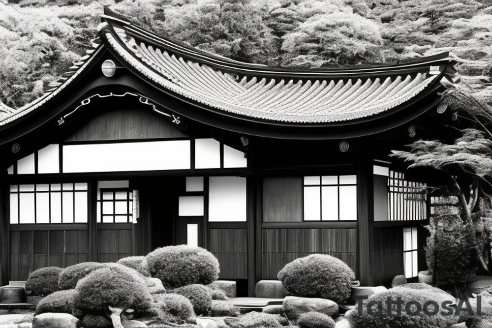 Black and white sketch of a tattoo, a permanently closed house, a traditional Japanese house with a kurma style roof. The windows are closed, the door is sealed, the sky is dark, under the image of the house there is a dark sky where no stars can be seen, the gloomy atmosphere of the sky symbolizes the loss of a beloved star and difficulties, in the center is a bright butterfly, a Japanese-style butterfly, with a predominance of black and gray tones. tattoo idea