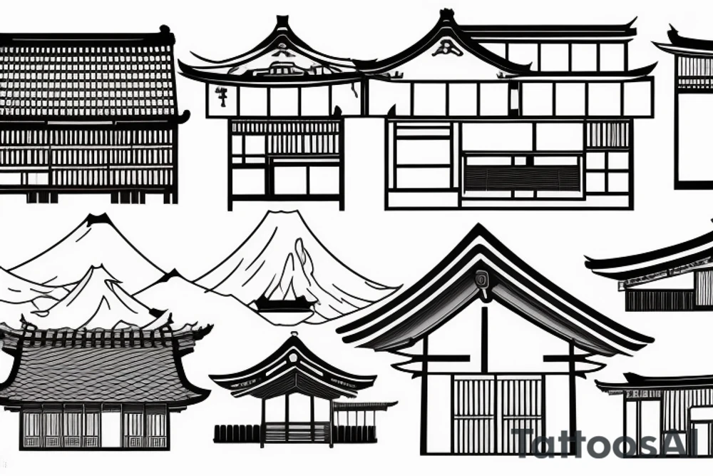 a permanently closed house, a traditional Japanese house with a kurma style roof. tattoo idea