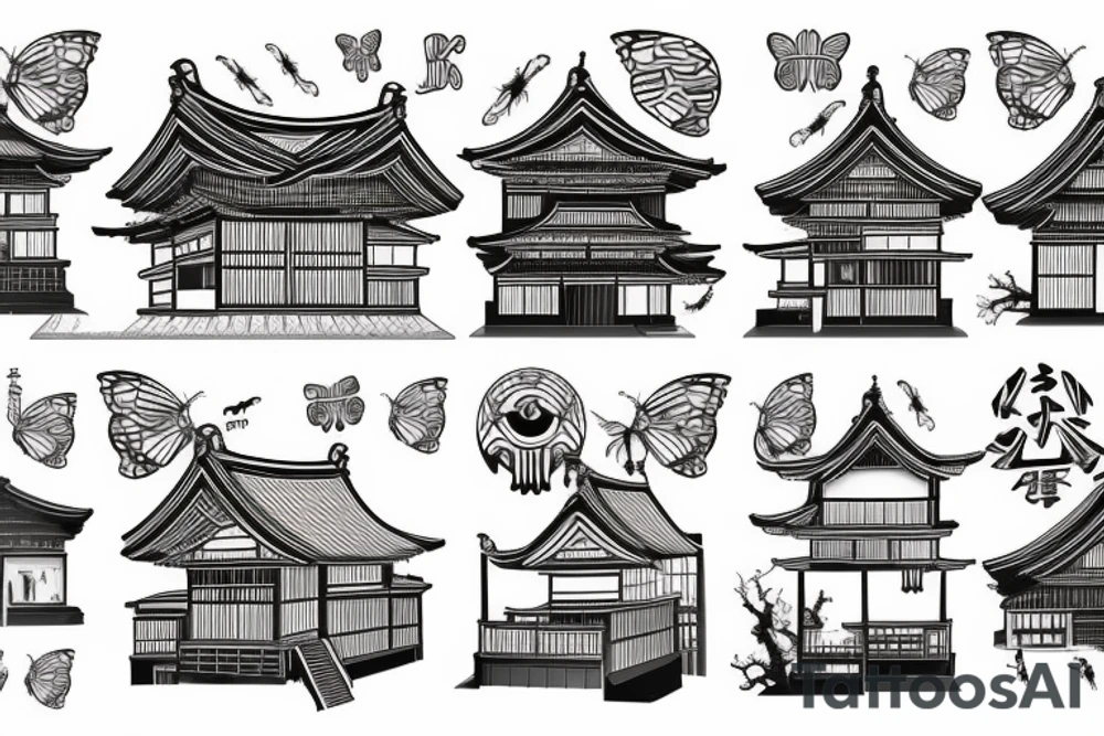 sealed house, traditional Japanese kurma style roof house, windows closed, door sealed, dark sky, gloomy sky atmosphere, Japanese-style butterfly tattoo idea