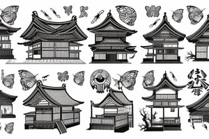 sealed house, traditional Japanese kurma style roof house, windows closed, door sealed, dark sky, gloomy sky atmosphere, Japanese-style butterfly tattoo idea