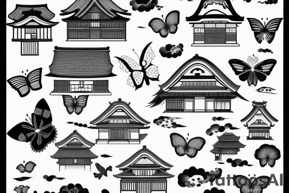 sealed house, traditional Japanese kurma style roof house, windows closed, door sealed, dark sky, gloomy sky atmosphere, Japanese-style butterfly tattoo idea