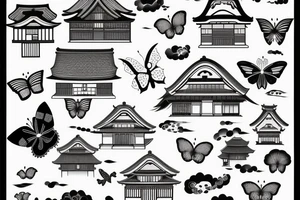 sealed house, traditional Japanese kurma style roof house, windows closed, door sealed, dark sky, gloomy sky atmosphere, Japanese-style butterfly tattoo idea