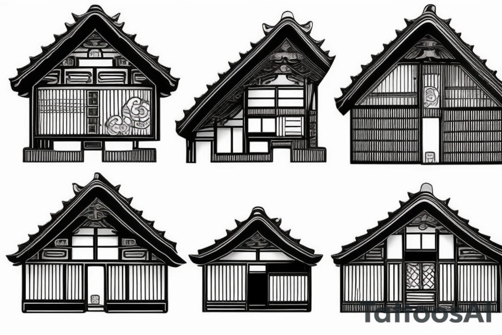 sealed house, traditional Japanese kurma style roof house, windows closed, door sealed, dark sky, gloomy sky atmosphere, Japanese-style butterfly tattoo idea